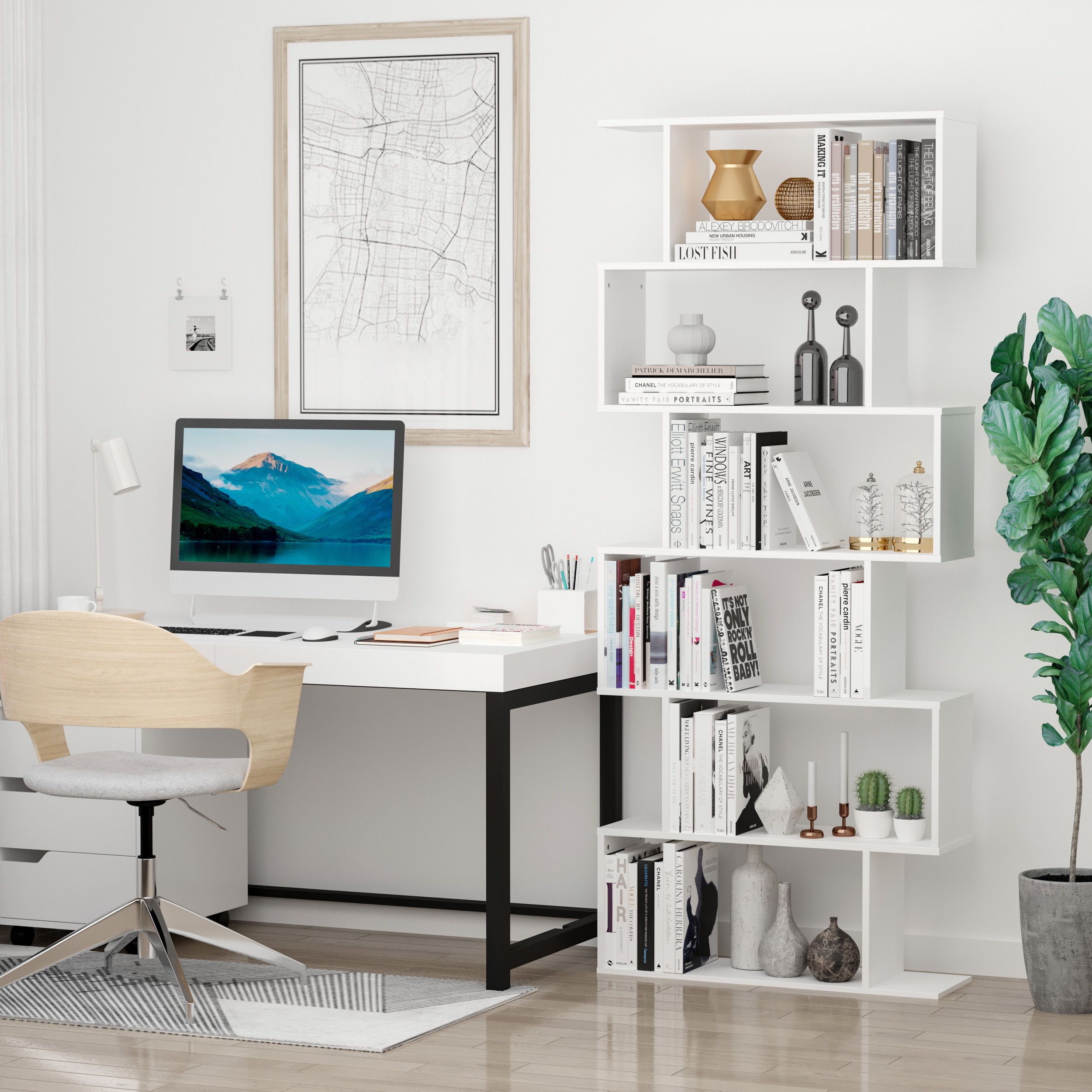 Homcom S Shape Wooden 6-Tier Bookshelf Open Concept Bookcase Storage Display Unit For Home Office Living Room, White