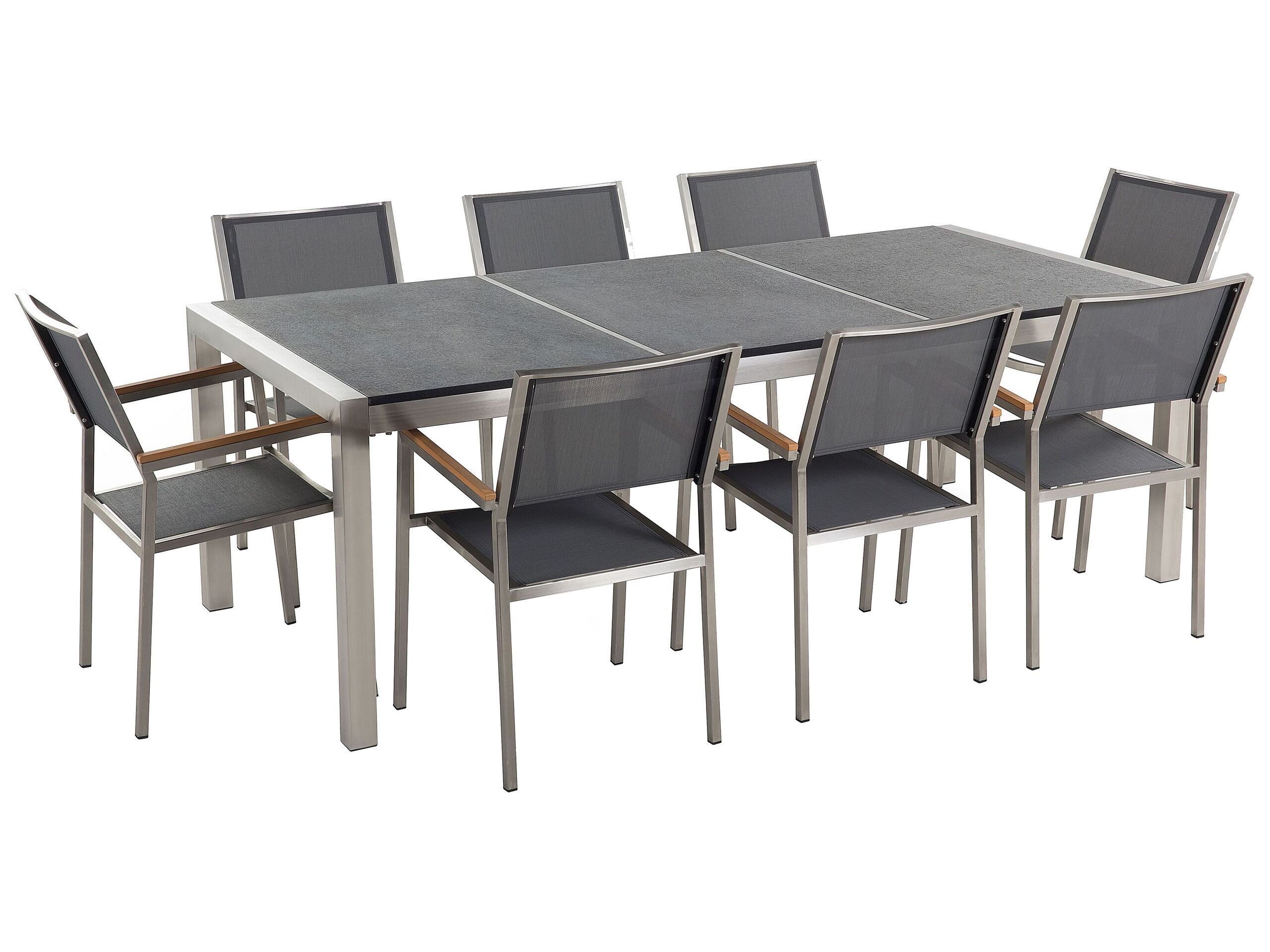 Garden Dining Set Grey With Flamed Granite Table Top 8 Seats 220 X 100 Cm Beliani