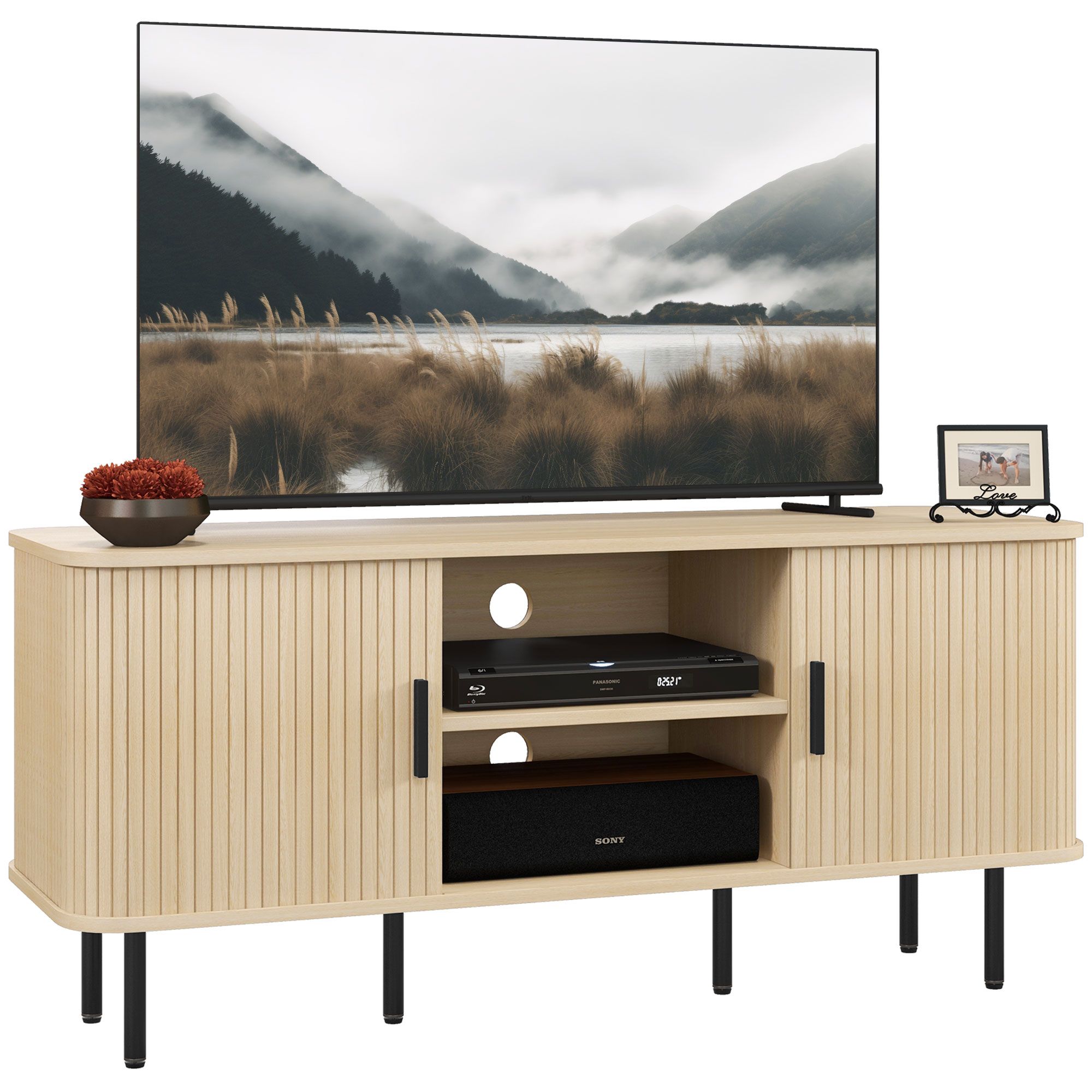 Homcom Tv Stand Cabinet For Tvs Up To 55 Inches, Tv Unit With Storage Shelves And Cupboard For Living Room, Oak Tone