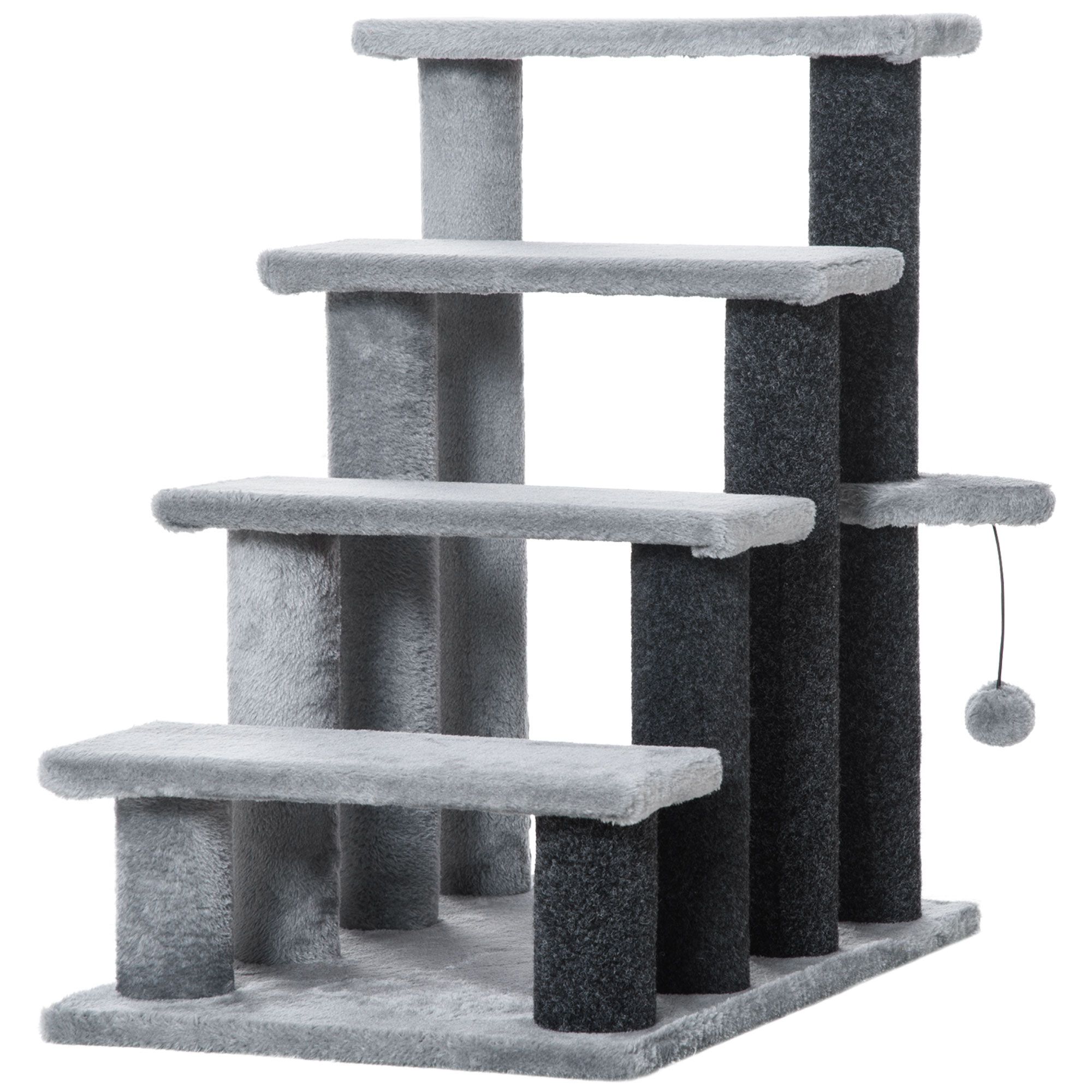 Pawhut 4-step Pet Stairs With Scratching Posts, Platforms, Toy Ball, Grey