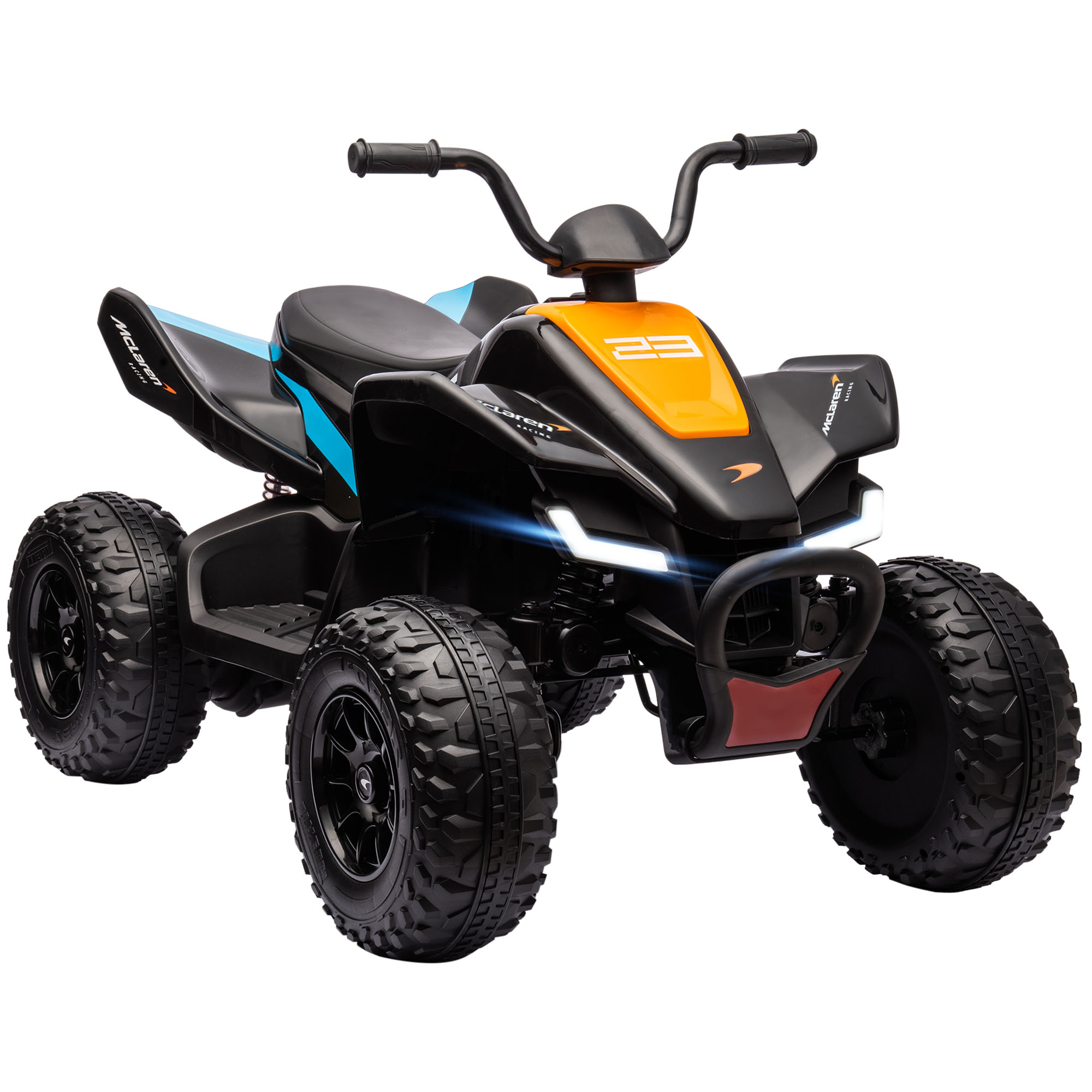 Homcom Mclaren Licensed 12v Quad Bike With Slow Start, Music, Headlights, Mp3 Slot, Suspension Wheels, For 3-8 Years - Black