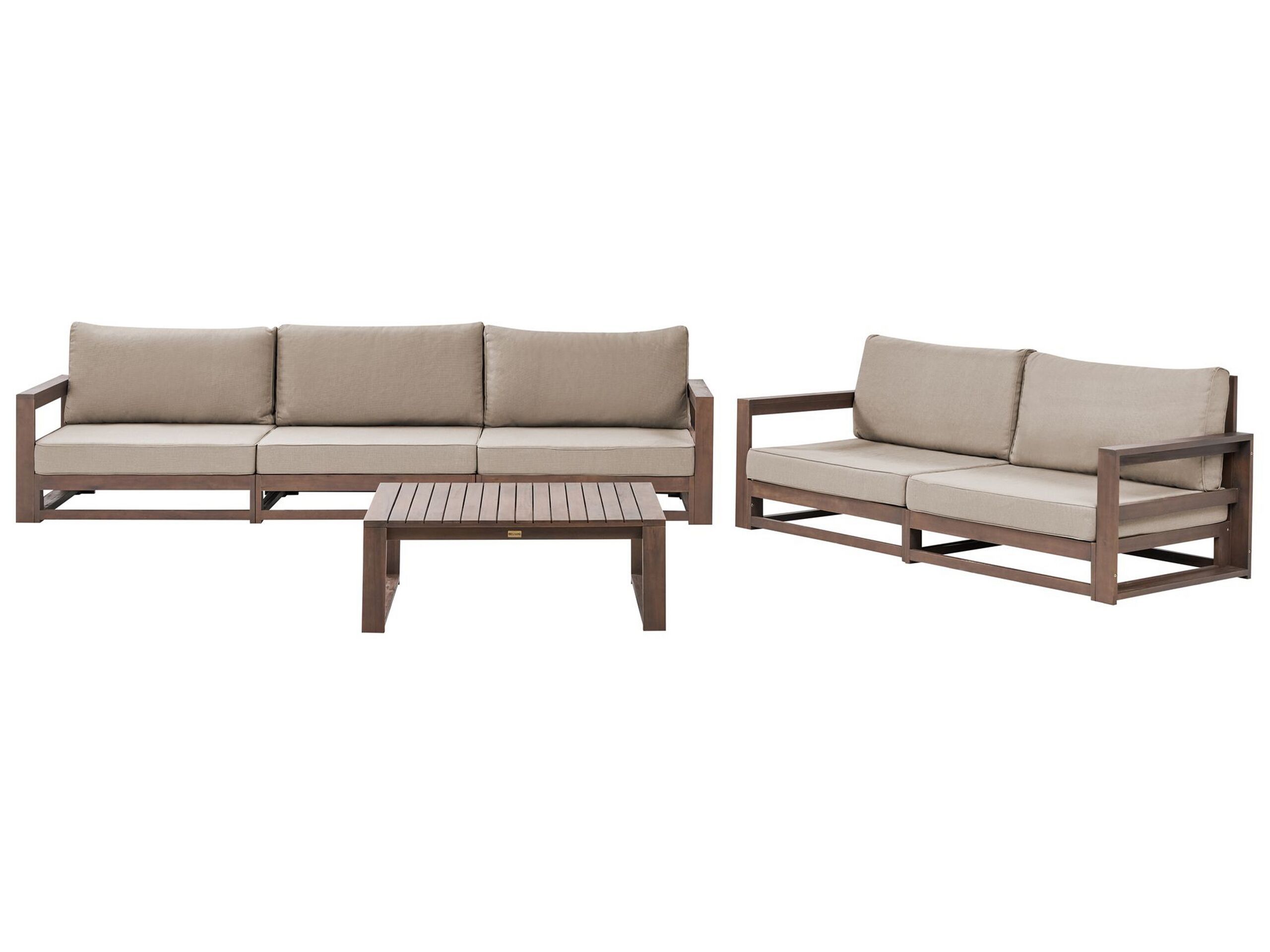 Garden Sofa Set Dark Wood And Taupe Acacia Wood Outdoor 5 Seater 2 Sofas With Coffee Table Cushions Modern Design Beliani