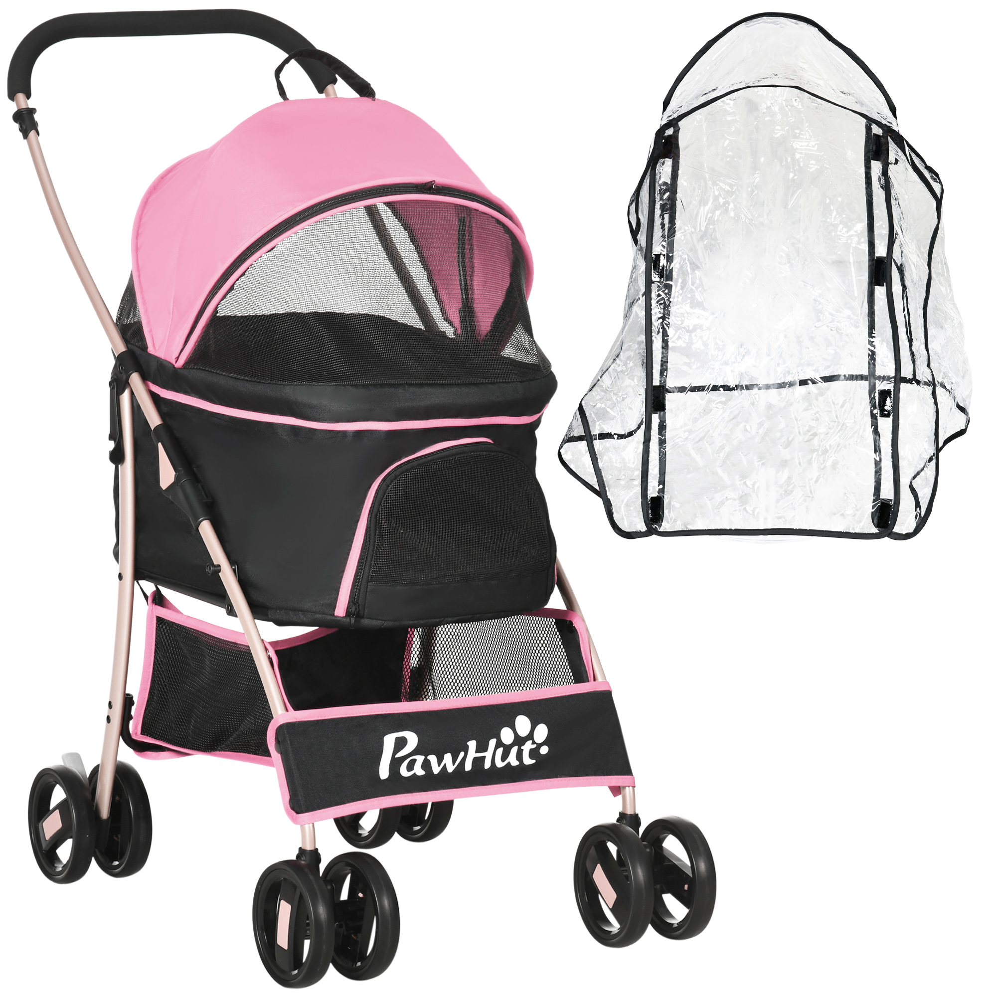 Pawhut Detachable Pet Stroller With Rain Cover, 3 In 1 Cat Dog Pushchair, Foldable Carrying Bag W/ Universal Wheels, Brake, Canopy, Basket