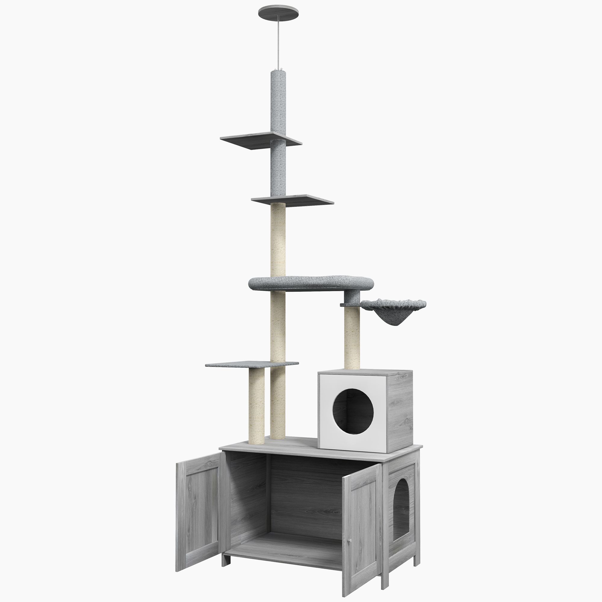 Pawhut Cat Tree With Hidden Litter Box, 2 In 1 Floor To Ceiling Cat Litter Box Furniture With Cat House, Bed, Hammock, Scratching Posts And Platforms,