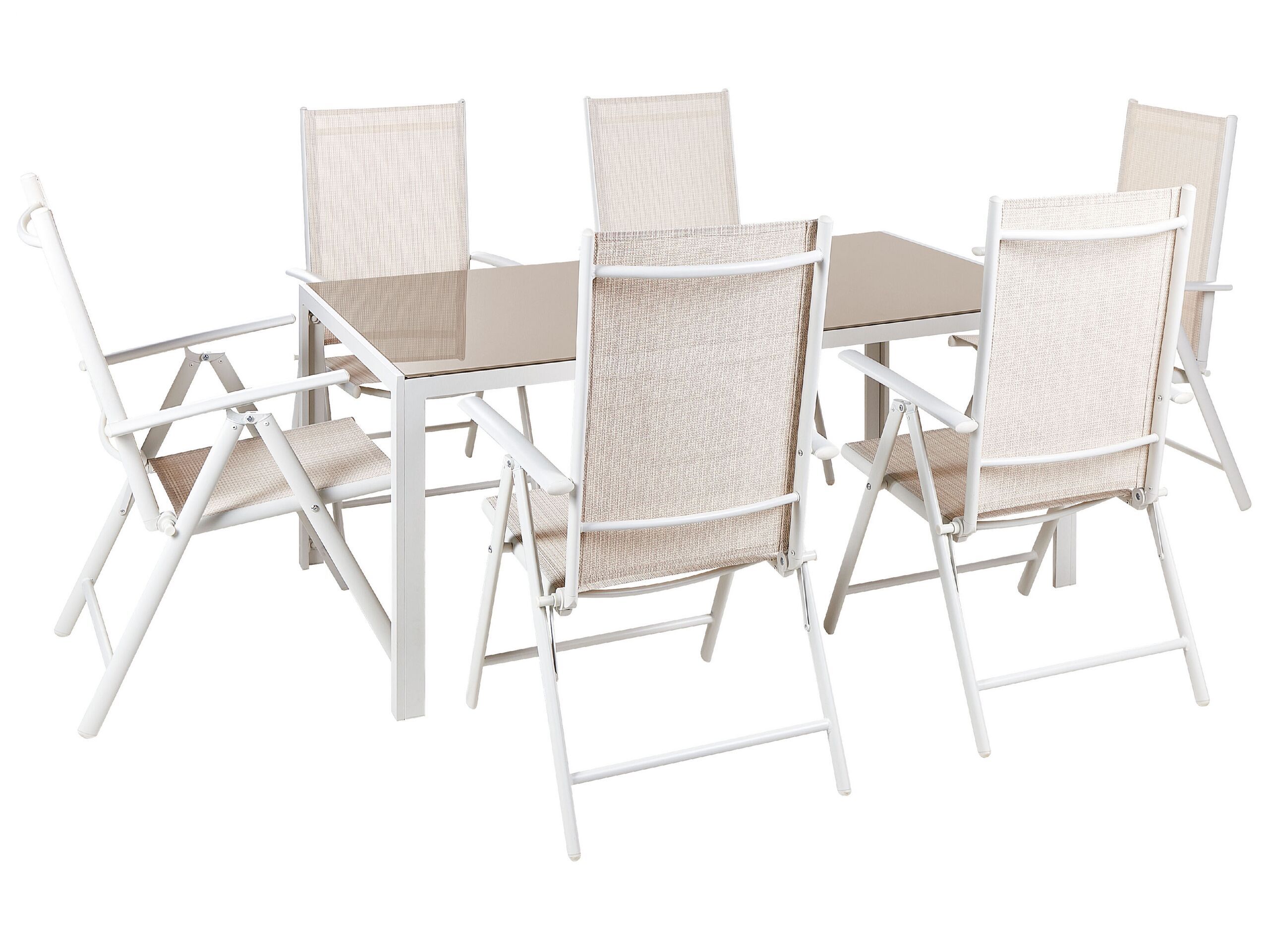 7 Piece Garden Dining Set Beige Powder Coated Frame Aluminium And Textilene Dining Table With 6 Foldable Chairs Modern Design Beliani