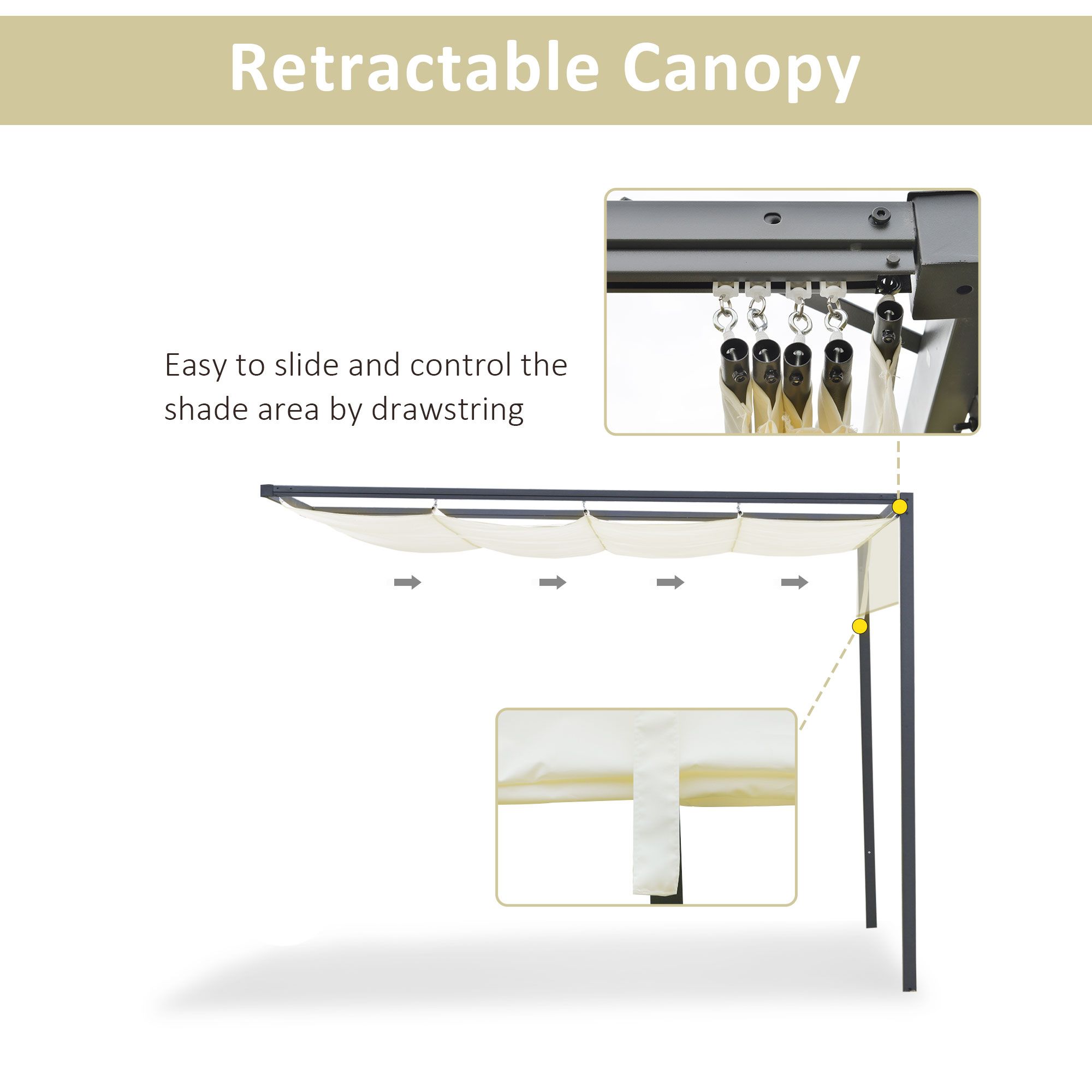 Outsunny 3 X 3(m) Outdoor Pergola Retractable Canopy Wall Mounted Gazebo Patio Shelter Sun Shade, Cream White