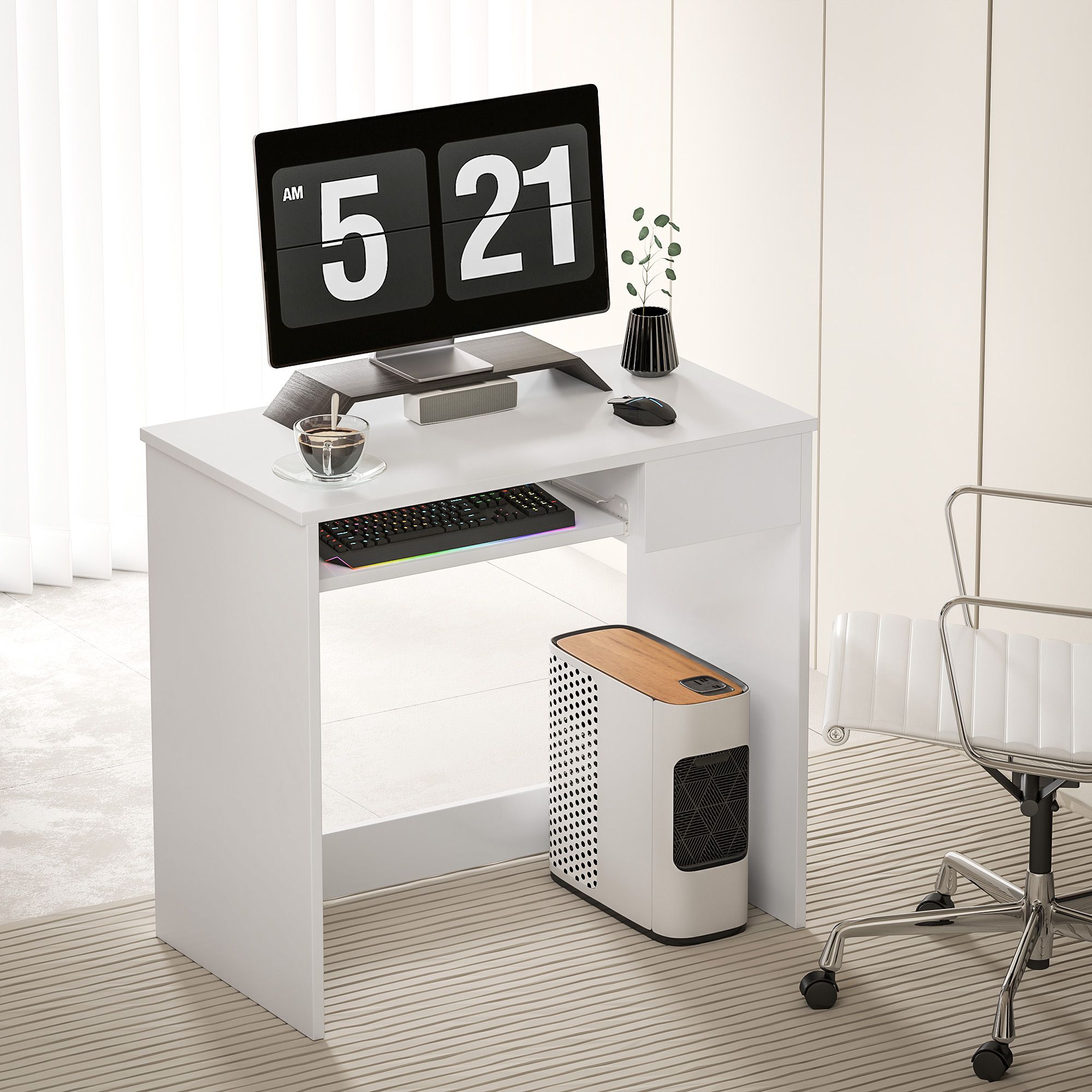 Homcom Compact Small Computer Pc Table With Keyboard Tray Drawer Study Office Working Gaming Writing Desk, White