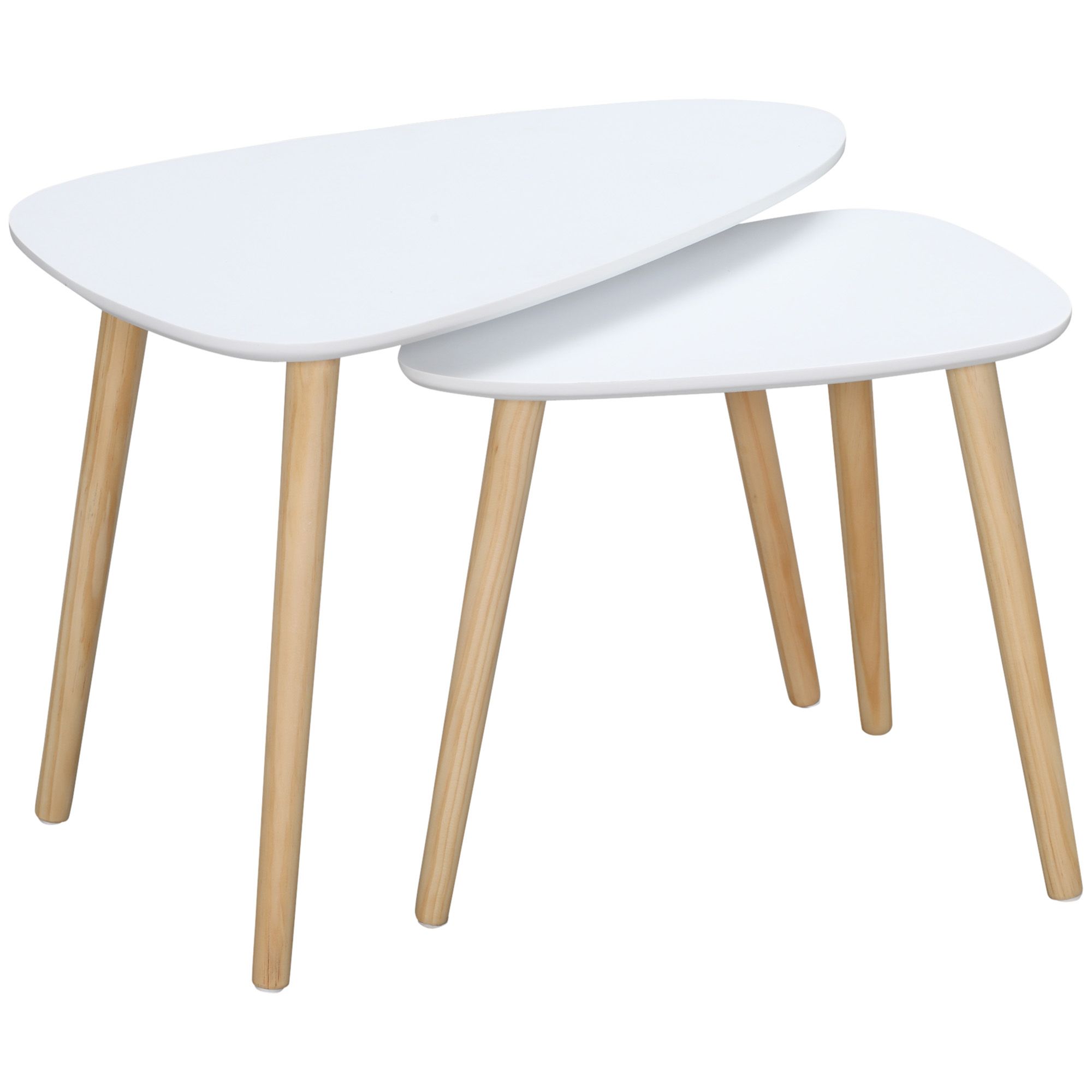 Homcom Modern Side Table Set Of 2, Triangular Nest Of Tables, End Table With Solid Wood Legs White